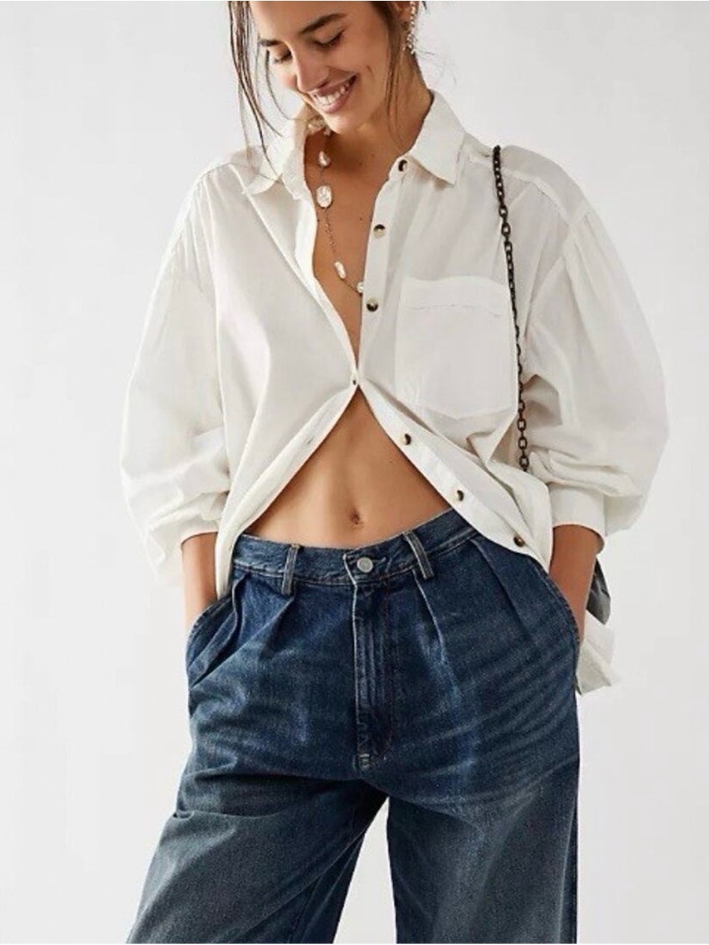 Free People Oversized White Button-Down Shirt